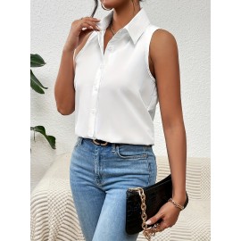 Button Front Sleeveless Shirt, Casual Solid Work Office Shirt With A Collar, Women's Clothing