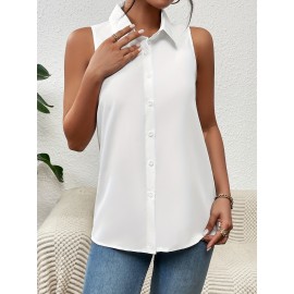 Button Front Sleeveless Shirt, Casual Solid Work Office Shirt With A Collar, Women's Clothing