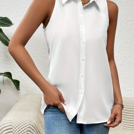 Button Front Sleeveless Shirt, Casual Solid Work Office Shirt With A Collar, Women's Clothing