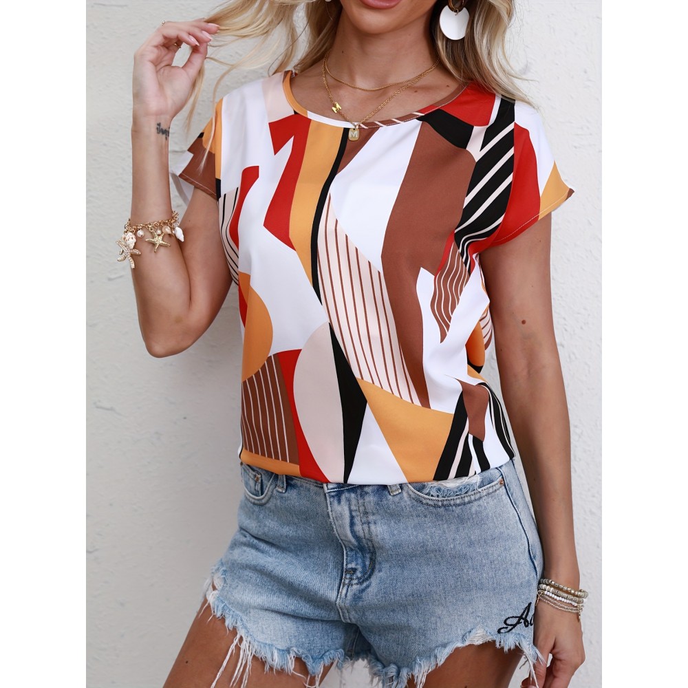 Geometric Print Crew Neck Blouse, Casual Short Sleeve Blouse For Spring & Summer, Women's Clothing