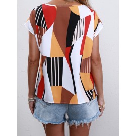 Geometric Print Crew Neck Blouse, Casual Short Sleeve Blouse For Spring & Summer, Women's Clothing