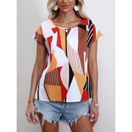 Geometric Print Crew Neck Blouse, Casual Short Sleeve Blouse For Spring & Summer, Women's Clothing