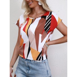 Geometric Print Crew Neck Blouse, Casual Short Sleeve Blouse For Spring & Summer, Women's Clothing