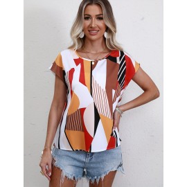 Geometric Print Crew Neck Blouse, Casual Short Sleeve Blouse For Spring & Summer, Women's Clothing