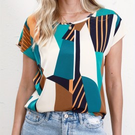 Geometric Print Crew Neck Blouse, Casual Short Sleeve Blouse For Spring & Summer, Women's Clothing