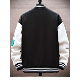 Letter V Print Varsity Jacket, Men's Casual Baseball Jacket Coat Regular Fit College Hipster Windbreaker For Winter Fall