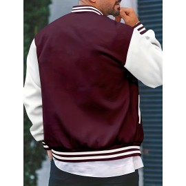 Men's Color Block Bomber Jacket, Casual Baseball Collar Varsity Jacket For Spring Fall