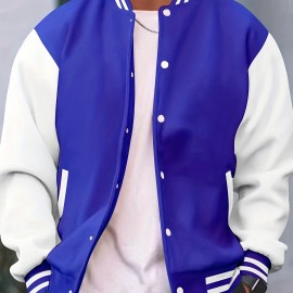 Men's Color Block Bomber Jacket, Casual Baseball Collar Varsity Jacket For Spring Fall