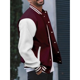 Men's Color Block Bomber Jacket, Casual Baseball Collar Varsity Jacket For Spring Fall