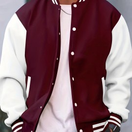 Men's Color Block Bomber Jacket, Casual Baseball Collar Varsity Jacket For Spring Fall