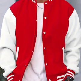 Men's Color Block Bomber Jacket, Casual Baseball Collar Varsity Jacket For Spring Fall