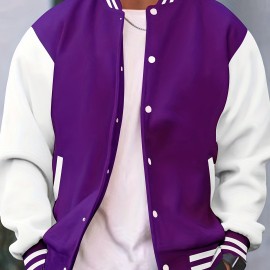 Men's Color Block Bomber Jacket, Casual Baseball Collar Varsity Jacket For Spring Fall