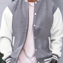 Men's Color Block Bomber Jacket, Casual Baseball Collar Varsity Jacket For Spring Fall