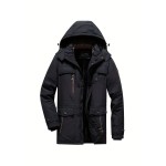 Warm Fleece Flap Pocket Jacket For Fall Winter, Men's Casual Hooded Windbreaker Jacket For Outdoor Climbing Camping