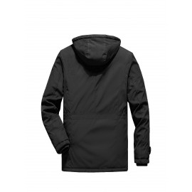 Warm Fleece Flap Pocket Jacket For Fall Winter, Men's Casual Hooded Windbreaker Jacket For Outdoor Climbing Camping