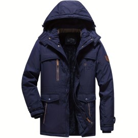 Warm Fleece Flap Pocket Jacket For Fall Winter, Men's Casual Hooded Windbreaker Jacket For Outdoor Climbing Camping