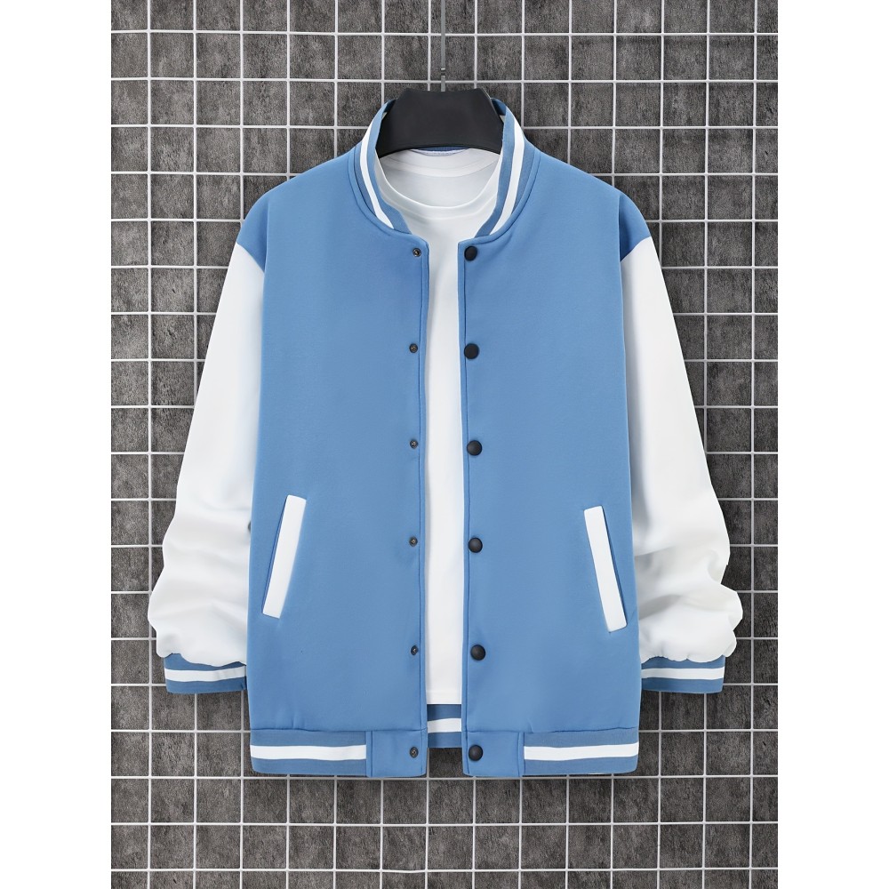 Trendy Varsity Jacket, Men's Casual Color Block Button Up Jacket For Spring Fall School Baseball