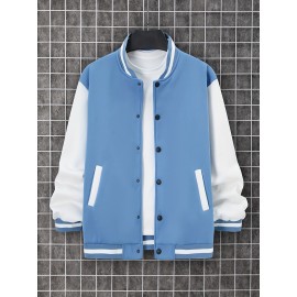 Trendy Varsity Jacket, Men's Casual Color Block Button Up Jacket For Spring Fall School Baseball