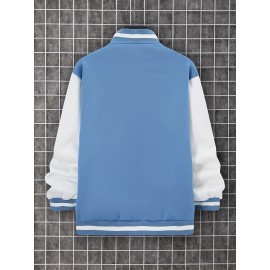 Trendy Varsity Jacket, Men's Casual Color Block Button Up Jacket For Spring Fall School Baseball