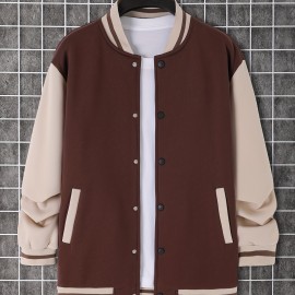 Trendy Varsity Jacket, Men's Casual Color Block Button Up Jacket For Spring Fall School Baseball