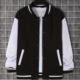 Trendy Varsity Jacket, Men's Casual Color Block Button Up Jacket For Spring Fall School Baseball