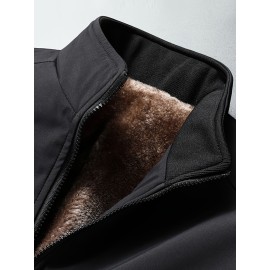 Men's Warm Fleece Jacket With Zipper Pockets, Casual Stand Collar Jacket For Fall Winter