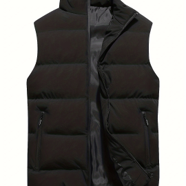 Warm Winter Vest, Men's Casual Zipper Pockets Stand Collar Zip Up Cotton Padded Vest For Fall Winter