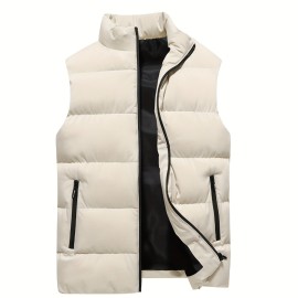 Warm Winter Vest, Men's Casual Zipper Pockets Stand Collar Zip Up Cotton Padded Vest For Fall Winter