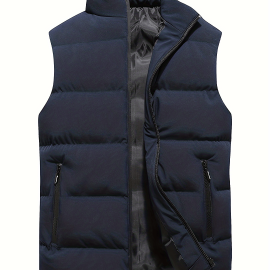 Warm Winter Vest, Men's Casual Zipper Pockets Stand Collar Zip Up Cotton Padded Vest For Fall Winter