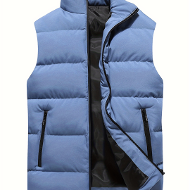 Warm Winter Vest, Men's Casual Zipper Pockets Stand Collar Zip Up Cotton Padded Vest For Fall Winter