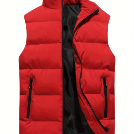 Warm Winter Vest, Men's Casual Zipper Pockets Stand Collar Zip Up Cotton Padded Vest For Fall Winter