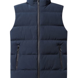 Warm Winter Vest, Men's Casual Zipper Pockets Stand Collar Zip Up Vest For Fall Winter