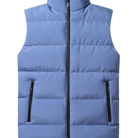 Warm Winter Vest, Men's Casual Zipper Pockets Stand Collar Zip Up Vest For Fall Winter