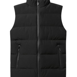 Warm Winter Vest, Men's Casual Zipper Pockets Stand Collar Zip Up Vest For Fall Winter