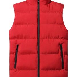 Warm Winter Vest, Men's Casual Zipper Pockets Stand Collar Zip Up Vest For Fall Winter