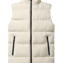 Warm Winter Vest, Men's Casual Zipper Pockets Stand Collar Zip Up Vest For Fall Winter