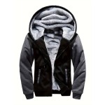 Men's Warm Fleece Hooded Jacket, Casual Color Block Jacket Coat For Fall Winter