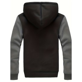 Men's Warm Fleece Hooded Jacket, Casual Color Block Jacket Coat For Fall Winter