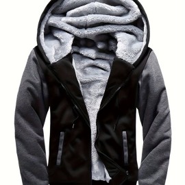 Men's Warm Fleece Hooded Jacket, Casual Color Block Jacket Coat For Fall Winter