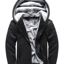 Men's Warm Fleece Hooded Jacket, Casual Color Block Jacket Coat For Fall Winter