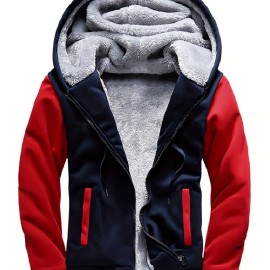 Men's Warm Fleece Hooded Jacket, Casual Color Block Jacket Coat For Fall Winter