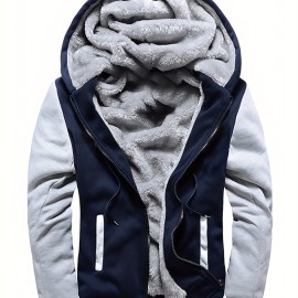 Men's Warm Fleece Hooded Jacket, Casual Color Block Jacket Coat For Fall Winter