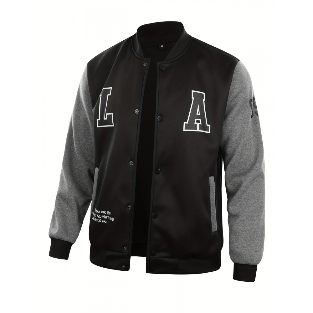 Letter Print Varsity Jacket, Men's Casual Color Block Button Up Jacket For Spring Fall School Baseball