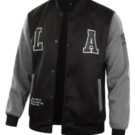 Letter Print Varsity Jacket, Men's Casual Color Block Button Up Jacket For Spring Fall School Baseball