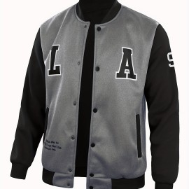 Letter Print Varsity Jacket, Men's Casual Color Block Button Up Jacket For Spring Fall School Baseball