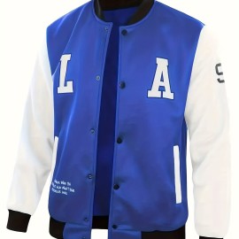 Letter Print Varsity Jacket, Men's Casual Color Block Button Up Jacket For Spring Fall School Baseball