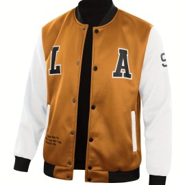 Letter Print Varsity Jacket, Men's Casual Color Block Button Up Jacket For Spring Fall School Baseball