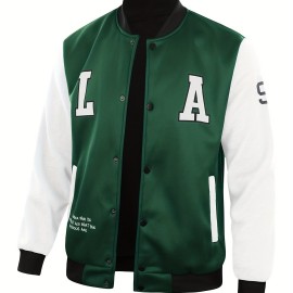 Letter Print Varsity Jacket, Men's Casual Color Block Button Up Jacket For Spring Fall School Baseball