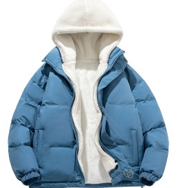 Warm Fleece Hooded Winter Jacket, Men's Casual Cotton Padded Coat For Fall Winter