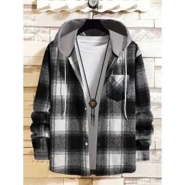 Plaid Shirt Coat For Men Long Sleeve Casual Regular Fit Button Up Hooded Shirts Jacket